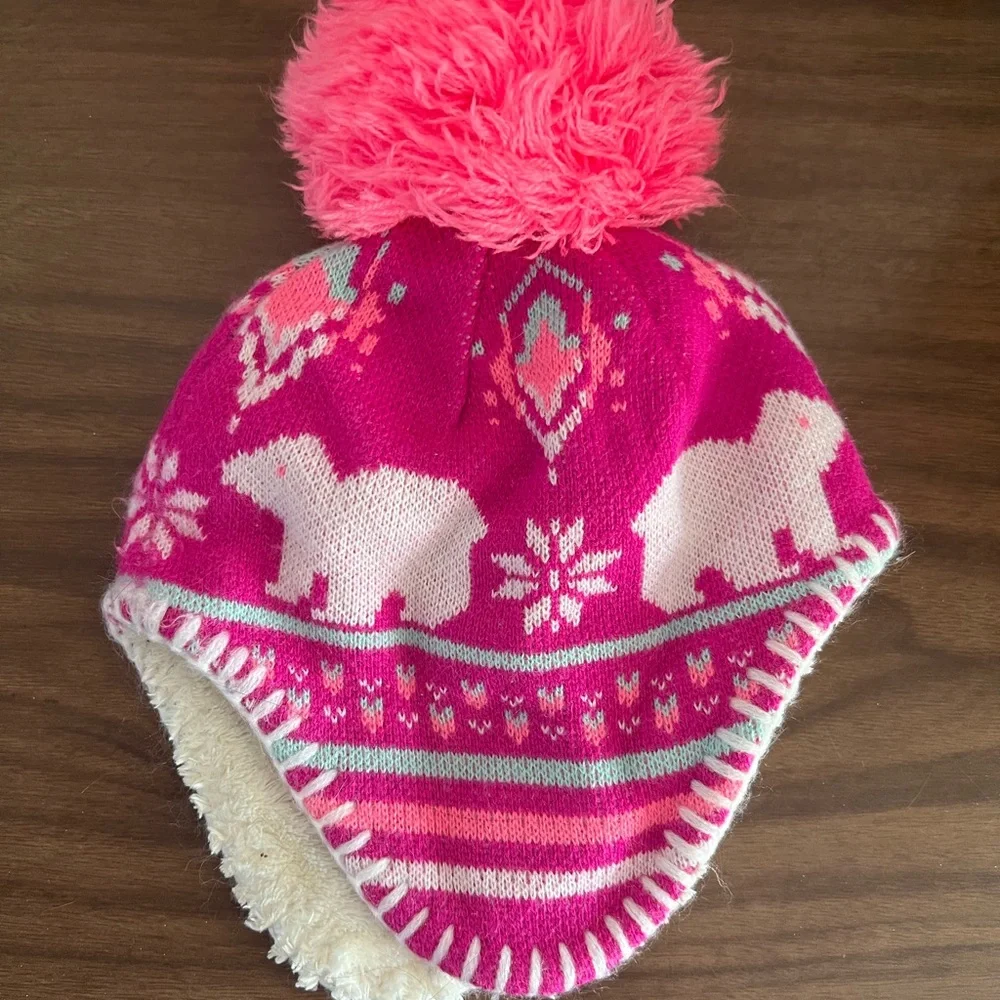❤️ 3/$25 The North Face Pink and White Baby Pom Pom Hat 0-6months VGUC